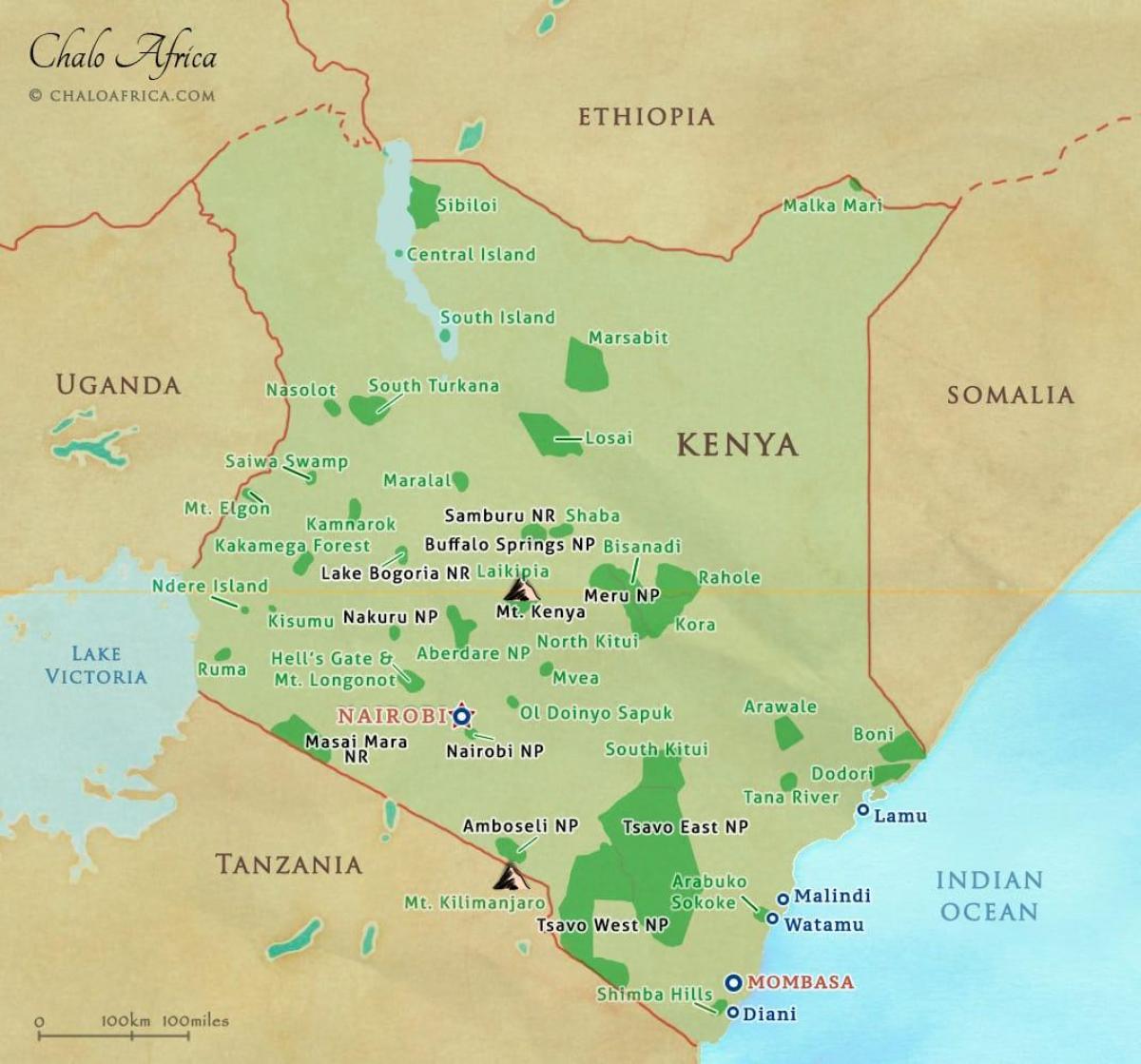 kartta Kenian kansallispuistot ja varaukset